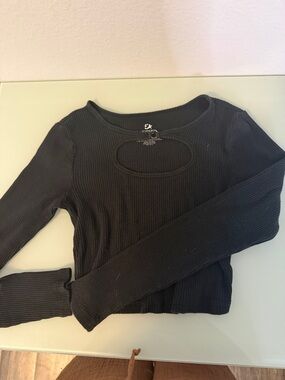 Fivestar Black Ribbed Long-Sleeve Top with Front Cutout